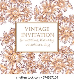 Vintage delicate invitation with flowers for wedding, marriage, bridal, birthday, Valentine's day. Romantic vector illustration.