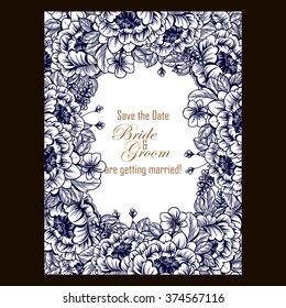 Vintage delicate invitation with flowers for wedding, marriage, bridal, birthday, Valentine's day. Romantic vector illustration.