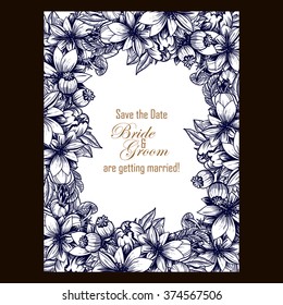 Vintage delicate invitation with flowers for wedding, marriage, bridal, birthday, Valentine's day. Romantic vector illustration.