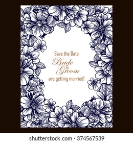 Vintage delicate invitation with flowers for wedding, marriage, bridal, birthday, Valentine's day. Romantic vector illustration.