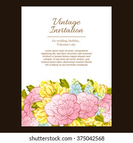 Vintage delicate invitation with flowers for wedding, marriage, bridal, birthday, Valentine's day.