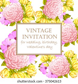 Vintage delicate invitation with flowers for wedding, marriage, bridal, birthday, Valentine's day.