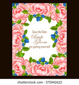 Vintage delicate invitation with flowers for wedding, marriage, bridal, birthday, Valentine's day.