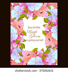Vintage delicate invitation with flowers for wedding, marriage, bridal, birthday, Valentine's day.
