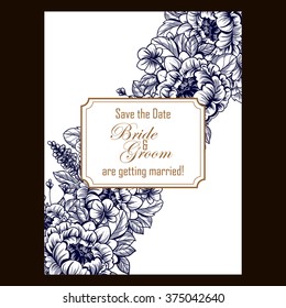 Vintage delicate invitation with flowers for wedding, marriage, bridal, birthday, Valentine's day.