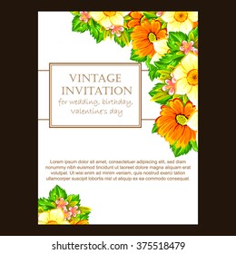 Vintage delicate invitation with flowers for wedding, marriage, bridal, birthday, Valentine's day.