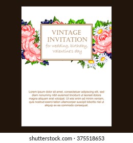 Vintage delicate invitation with flowers for wedding, marriage, bridal, birthday, Valentine's day.