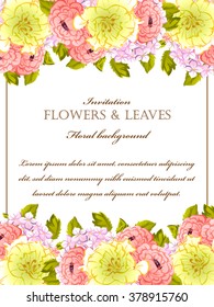 Vintage delicate invitation with flowers for wedding, marriage, bridal, birthday, Valentine's day. Romantic vector illustration.