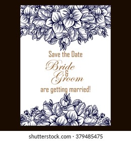 Vintage delicate invitation with flowers for wedding, marriage, bridal, birthday, Valentine's day.