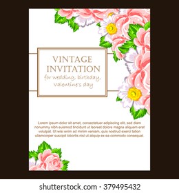 Vintage delicate invitation with flowers for wedding, marriage, bridal, birthday, Valentine's day.