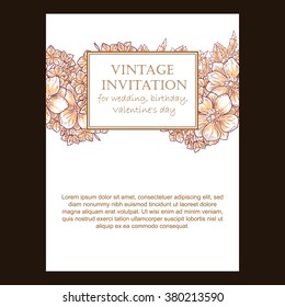 Vintage delicate invitation with flowers for wedding, marriage, bridal, birthday, Valentine's day.