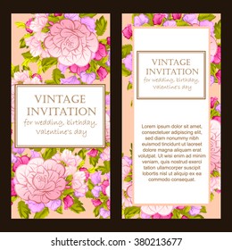 Vintage delicate invitation with flowers for wedding, marriage, bridal, birthday, Valentine's day.