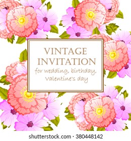 Vintage delicate invitation with flowers for wedding, marriage, bridal, birthday, Valentine's day.