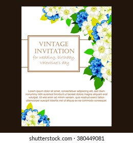 Vintage delicate invitation with flowers for wedding, marriage, bridal, birthday, Valentine's day.