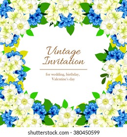 Vintage delicate invitation with flowers for wedding, marriage, bridal, birthday, Valentine's day. Romantic vector illustration.