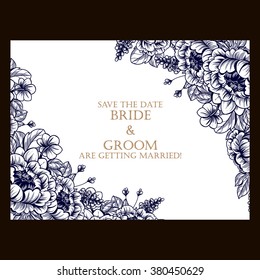 Vintage delicate invitation with flowers for wedding, marriage, bridal, birthday, Valentine's day. Romantic vector illustration.