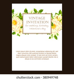 Vintage delicate invitation with flowers for wedding, marriage, bridal, birthday, Valentine's day.