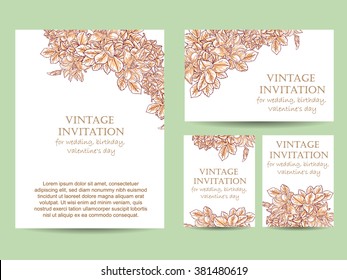 Vintage delicate invitation with flowers for wedding, marriage, bridal, birthday, Valentine's day.