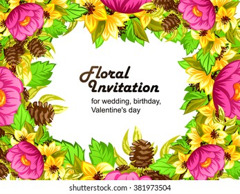 Vintage delicate invitation with flowers for wedding, marriage, bridal, birthday, Valentine's day. Romantic vector illustration.