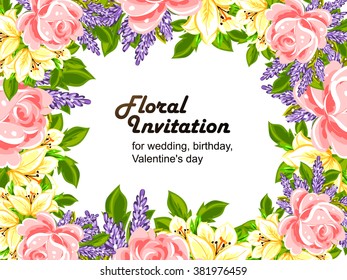 Vintage delicate invitation with flowers for wedding, marriage, bridal, birthday, Valentine's day. Romantic vector illustration.