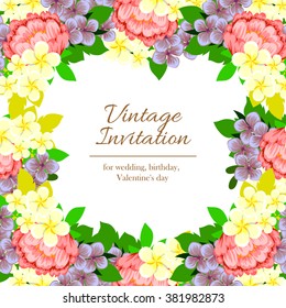 Vintage delicate invitation with flowers for wedding, marriage, bridal, birthday, Valentine's day.
