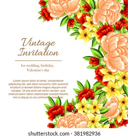 Vintage delicate invitation with flowers for wedding, marriage, bridal, birthday, Valentine's day.