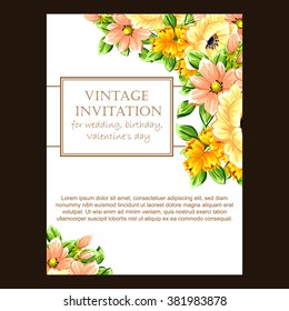 Vintage delicate invitation with flowers for wedding, marriage, bridal, birthday, Valentine's day.