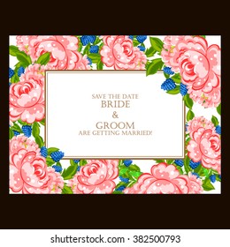 Vintage delicate invitation with flowers for wedding, marriage, bridal, birthday, Valentine's day.