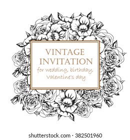 Vintage delicate invitation with flowers for wedding, marriage, bridal, birthday, Valentine's day.