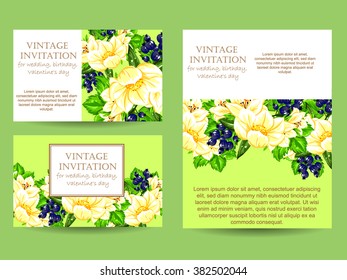Vintage delicate invitation with flowers for wedding, marriage, bridal, birthday, Valentine's day.