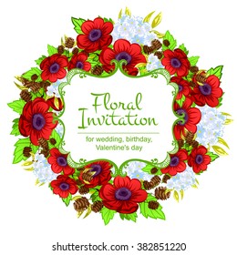 Vintage delicate invitation with flowers for wedding, marriage, bridal, birthday, Valentine's day. Romantic vector illustration.