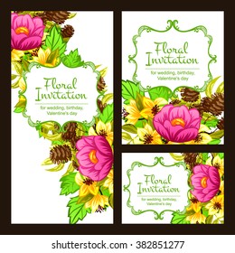 Vintage delicate invitation with flowers for wedding, marriage, bridal, birthday, Valentine's day. Romantic vector illustration.