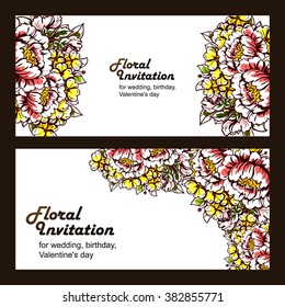 Vintage delicate invitation with flowers for wedding, marriage, bridal, birthday, Valentine's day. Romantic vector illustration.