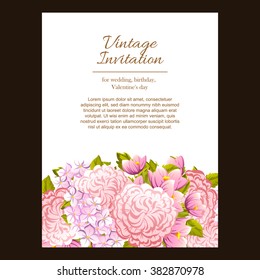 Vintage delicate invitation with flowers for wedding, marriage, bridal, birthday, Valentine's day.