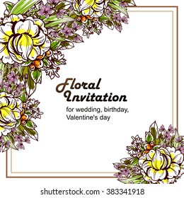 Vintage delicate invitation with flowers for wedding, marriage, bridal, birthday, Valentine's day. Romantic vector illustration.