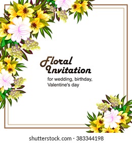 Vintage delicate invitation with flowers for wedding, marriage, bridal, birthday, Valentine's day. Romantic vector illustration.