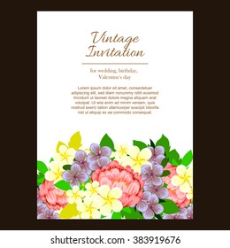 Vintage delicate invitation with flowers for wedding, marriage, bridal, birthday, Valentine's day.