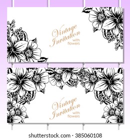 Vintage delicate invitation with flowers for wedding, marriage, bridal, birthday, Valentine's day. Romantic vector illustration.