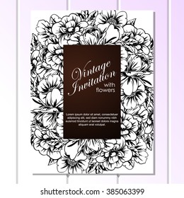 Vintage delicate invitation with flowers for wedding, marriage, bridal, birthday, Valentine's day. Romantic vector illustration.