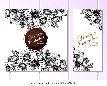 Vintage delicate invitation with flowers for wedding, marriage, bridal, birthday, Valentine's day. Romantic vector illustration.