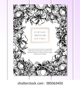 Vintage delicate invitation with flowers for wedding, marriage, bridal, birthday, Valentine's day. Romantic vector illustration.