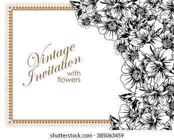 Vintage delicate invitation with flowers for wedding, marriage, bridal, birthday, Valentine's day. Romantic vector illustration.