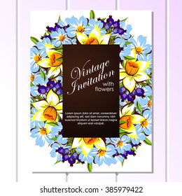 Vintage delicate invitation with flowers for wedding, marriage, bridal, birthday, Valentine's day. 