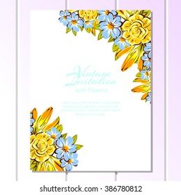 Vintage delicate invitation with flowers for wedding, marriage, bridal, birthday, Valentine's day