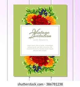 Vintage delicate invitation with flowers for wedding, marriage, bridal, birthday, Valentine's day