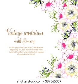 Vintage delicate invitation with flowers for wedding, marriage, bridal, birthday, Valentine's day. Romantic vector illustration.
