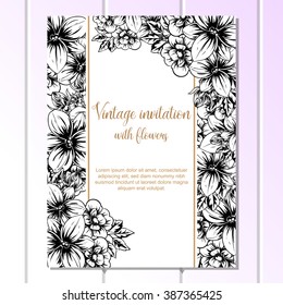 Vintage delicate invitation with flowers for wedding, marriage, bridal, birthday, Valentine's day. Romantic vector illustration.