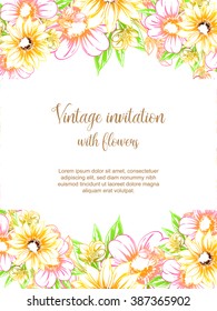 Vintage delicate invitation with flowers for wedding, marriage, bridal, birthday, Valentine's day. Romantic vector illustration.