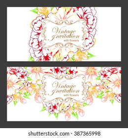 Vintage delicate invitation with flowers for wedding, marriage, bridal, birthday, Valentine's day. Romantic vector illustration.
