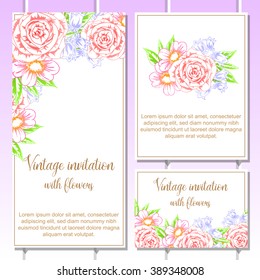 Vintage delicate invitation with flowers for wedding, marriage, bridal, birthday, Valentine's day.